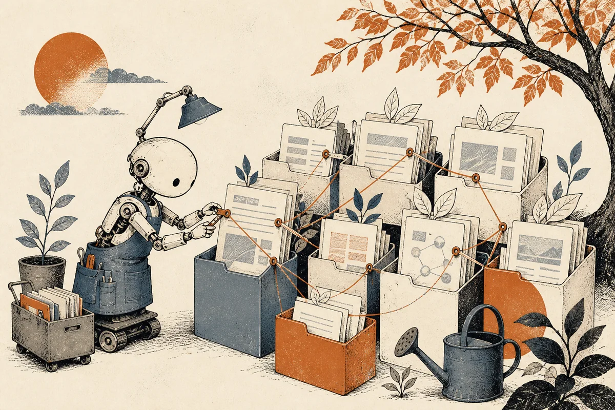 AI-generated editorial illustration for “Karpathy's LLM wiki: a knowledge base your coding agent maintains”
